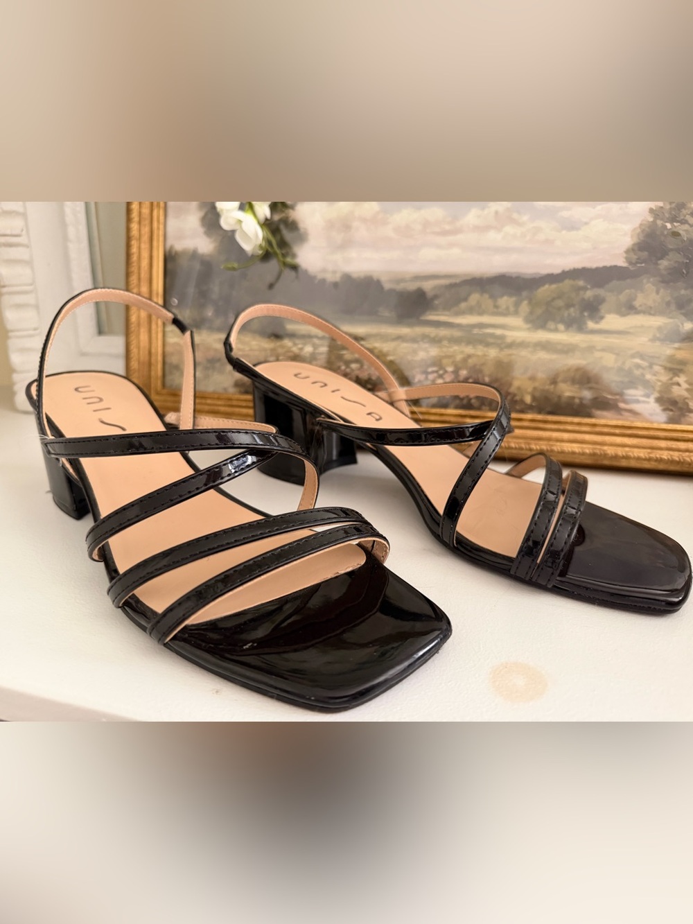 Unisa Black Patent Strappy Block Heel Sandals